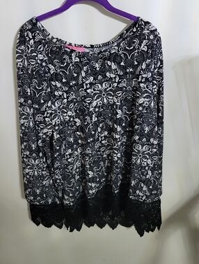Woman Within Black & White Blouse With Lace Trim Detail, Size L